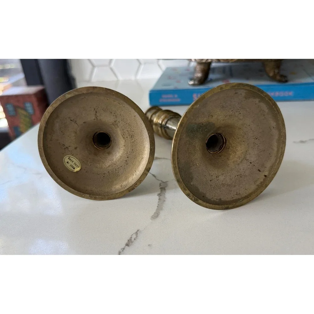 Vintage Pair Solid Brass Taper Candle Holders Spindle Style Made in Hong Kong